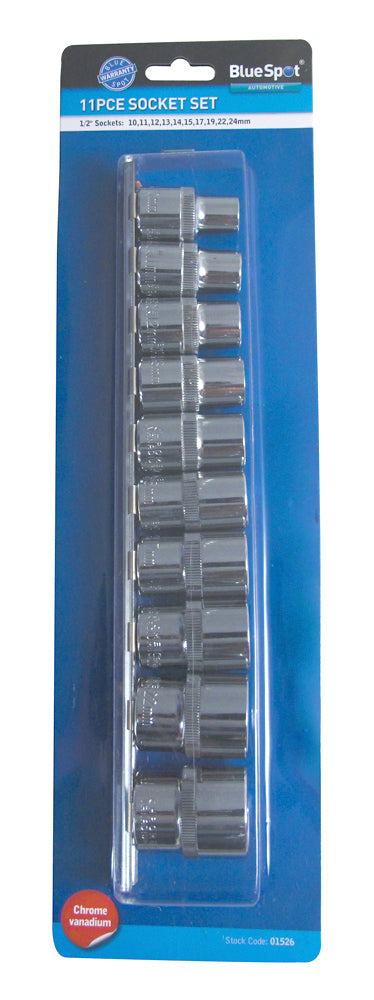 11 PCE Chrome 1/2" Metric Socket Set 10-24mm, Includes Socket Rail