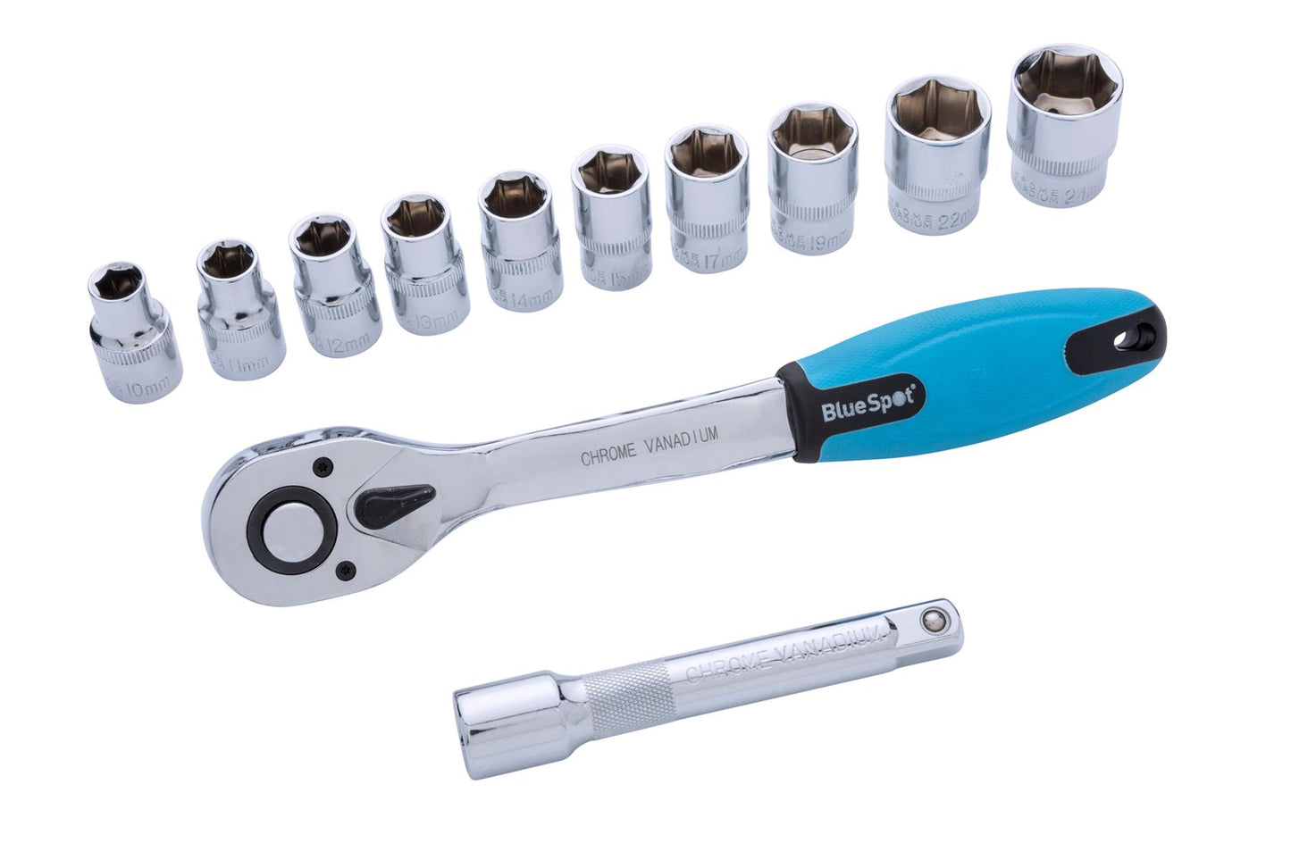 12 PCE Polished Chrome 1/2" Rachet & Socket Drive 10-24mm Metric Set
