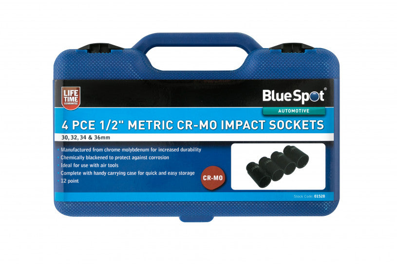 4 PCE Chrome 1/2" Deep Impact Cr-Mo Axle Sockets 30-36mm, Includes Carrying Case