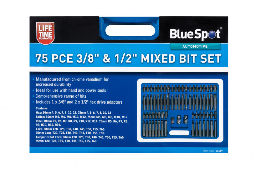 75 PCE Mixed Hex, Ribe, Spline, Torx/TP Torx 3/8" & 1/2" Bit Set Including Case