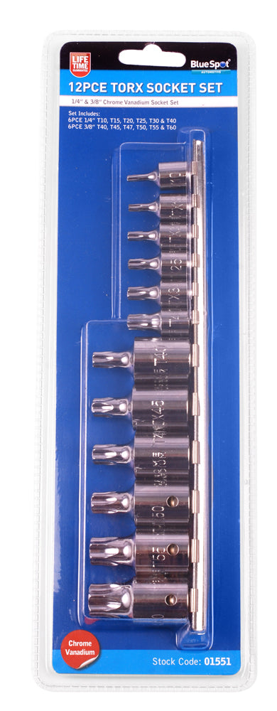 12 PCE Chrome 1/4" & 3/8" Torx Socket Set T10-T40 & T40-T60, with Socket Rail