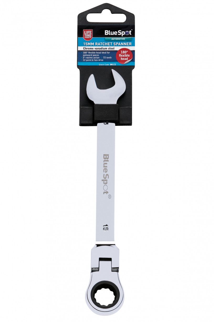 15mm Bi Hex Flexible Head Ratchet Spanner, 180° Pivoting Ratchet Ring Head