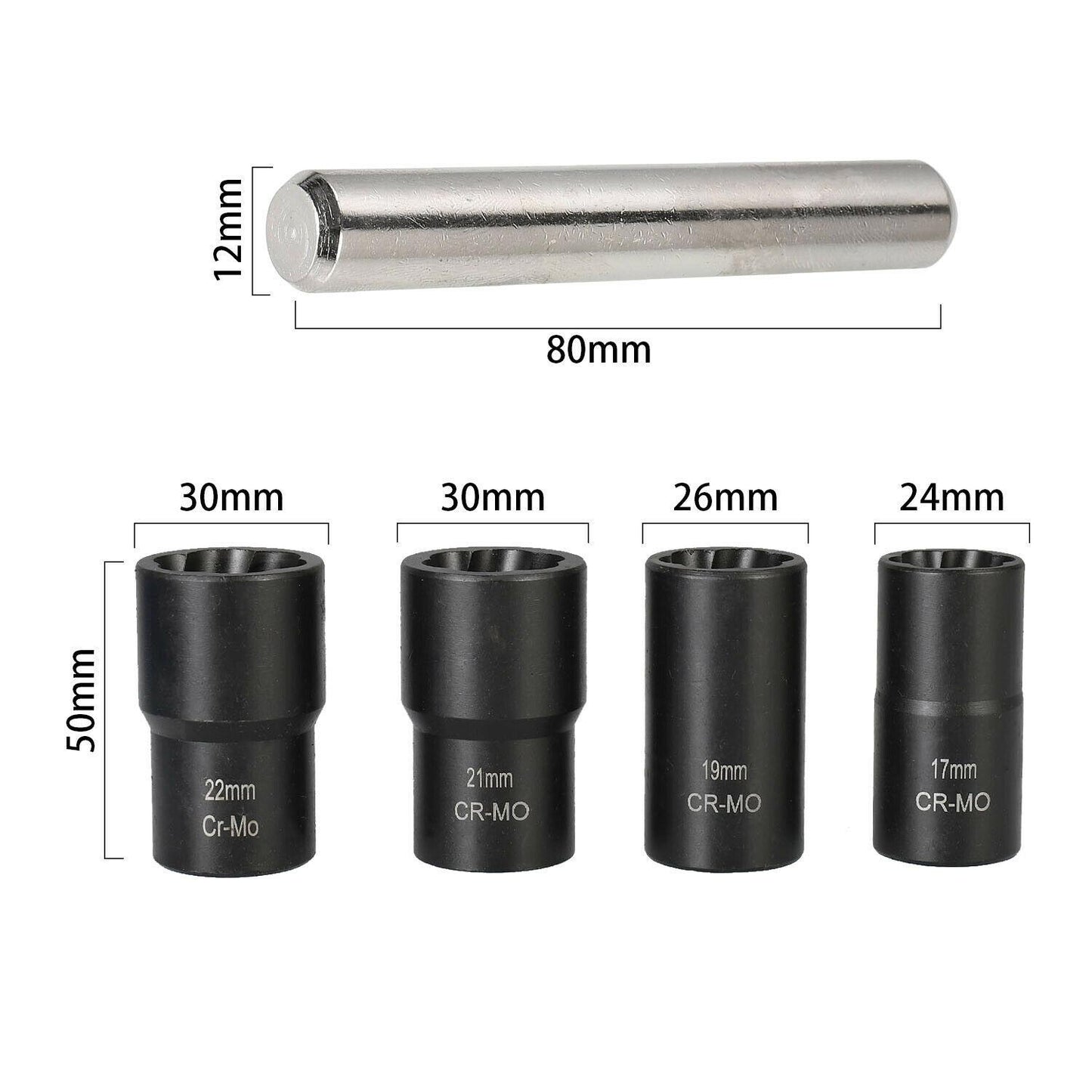 5 PCE Chrome Impact Locking Wheel Nut Remover, Includes 1/2" Square drive & Carry Case
