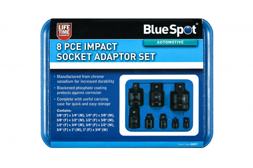 8 PCE Impact Socket 1/4"-1" Adaptor Set, Suitable for High Impact Use with Case