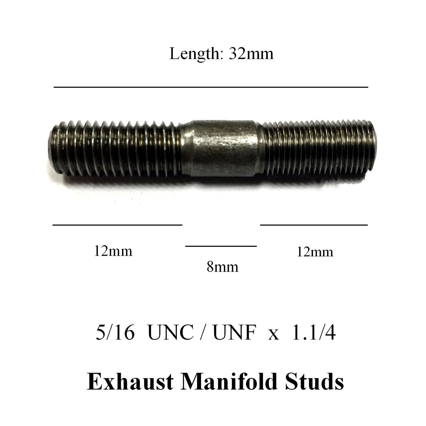 5/16 UNC / UNF x 1.1/14. Manifold Studs. 32mm / <br>12mm - 8mm - 12mm