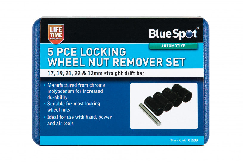 5 PCE Chrome Impact Locking Wheel Nut Remover, Includes 1/2" Square drive & Carry Case