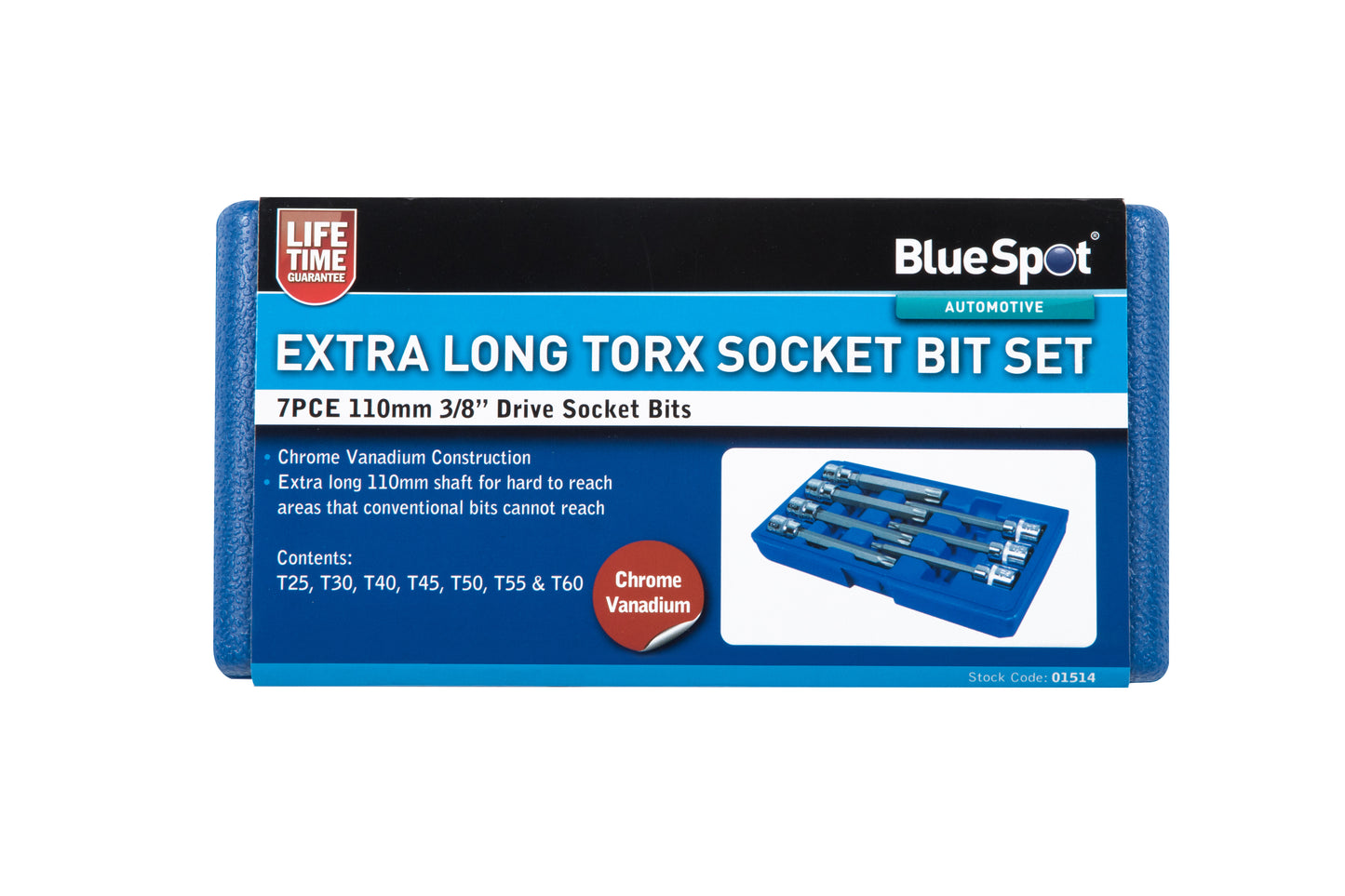 7 PCE Chrome 3/8" Extra Long Torx Socket Bit Set T25-T60, Includes Plastic Case