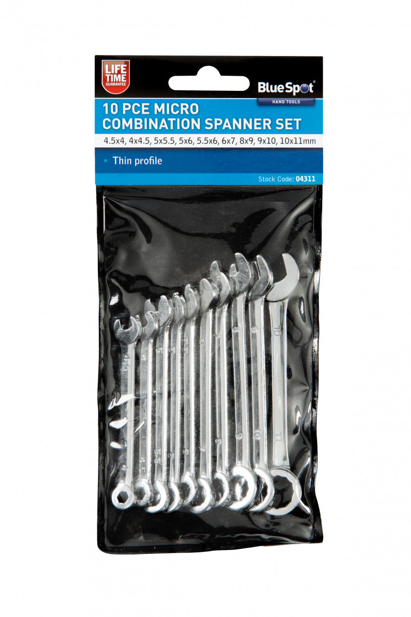 10 PCE Chrome Thin Profile Micro Combination Spanner Set 4-11mm