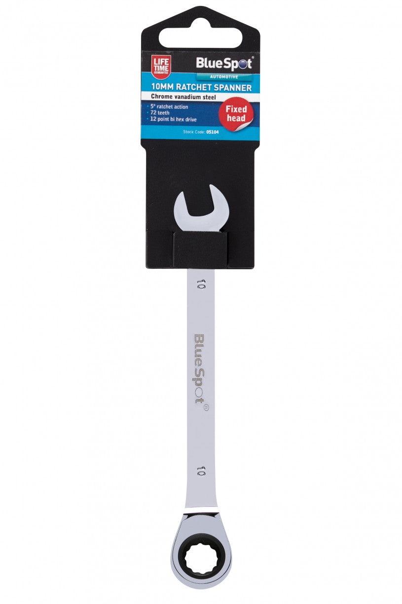 Chrome Ratchet 10mm Bi Hex Spanner Fixed Head with 5° Ratcheting Increments