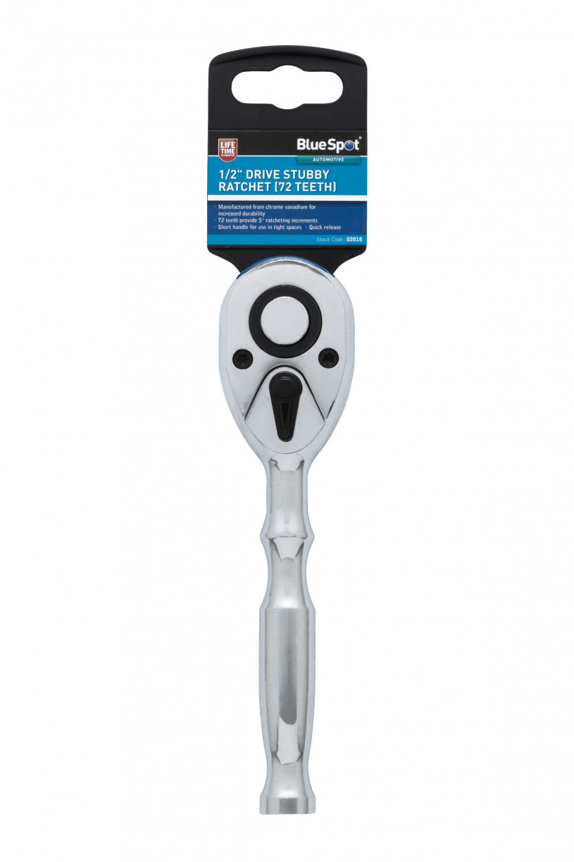 Chrome 1/2" Quick Release Stubby Ratchet, 72 Teeth 5° Ratcheting Increments