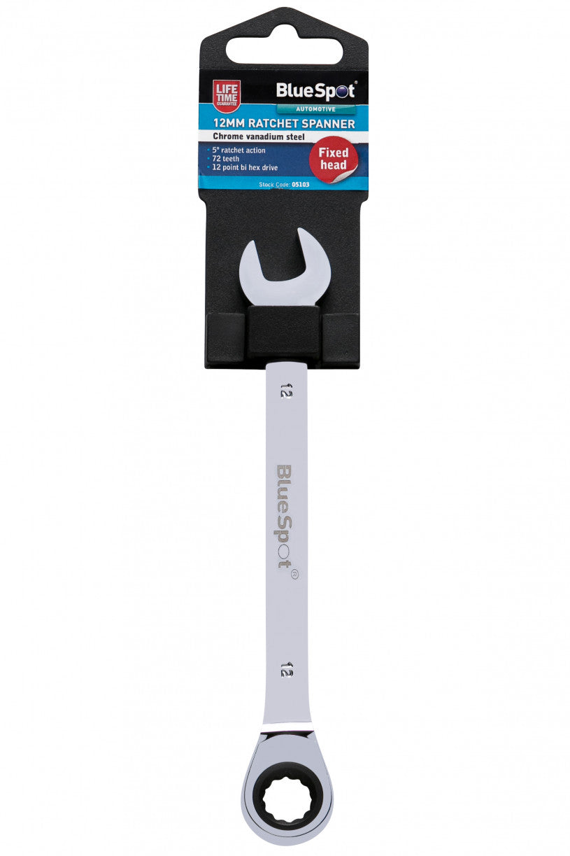 Chrome Ratchet 12mm Bi Hex Spanner Fixed Head with 5° Ratcheting Increments