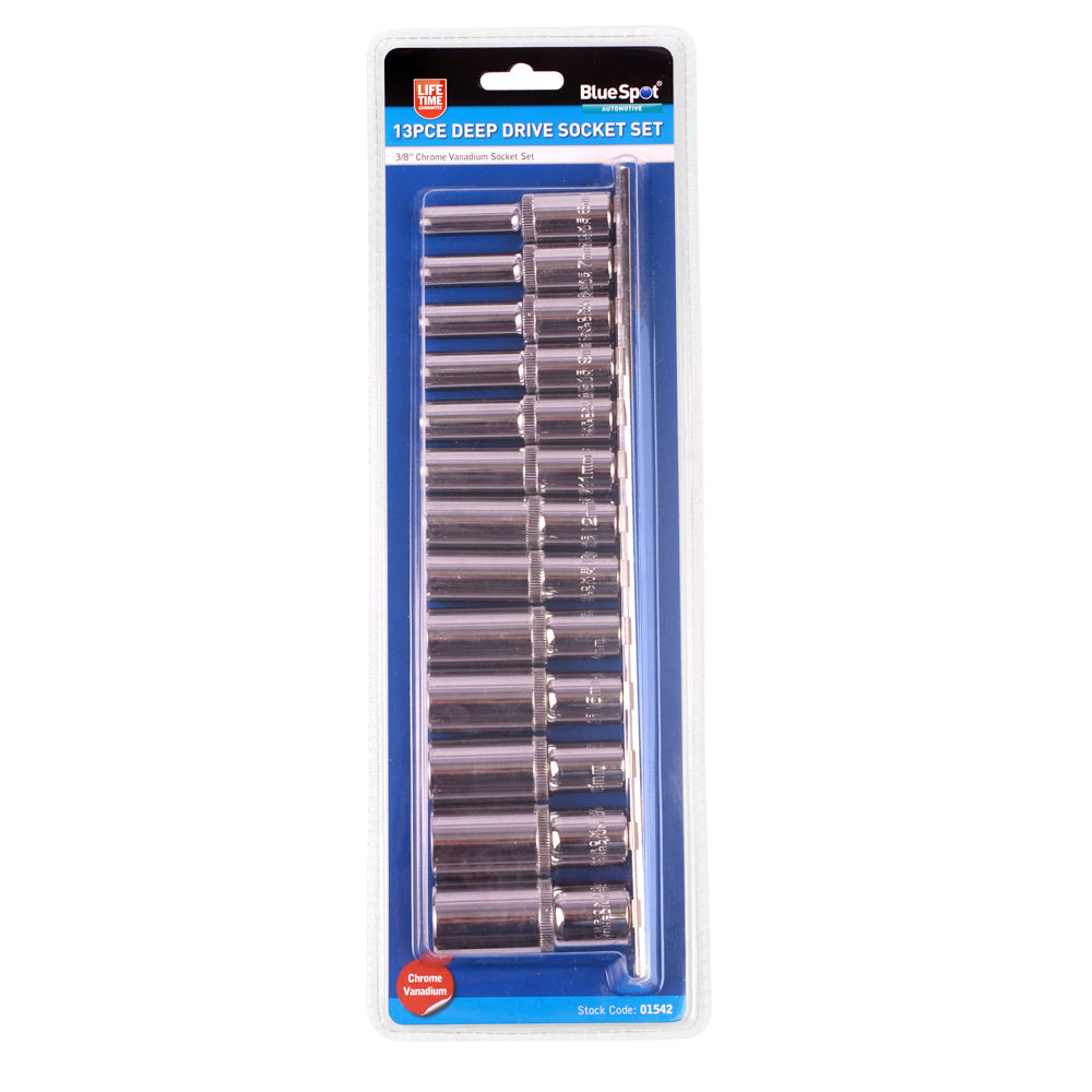 13 PCE Chrome 3/8" Metric Deep Socket Set 6-19mm, Includes Socket Rail
