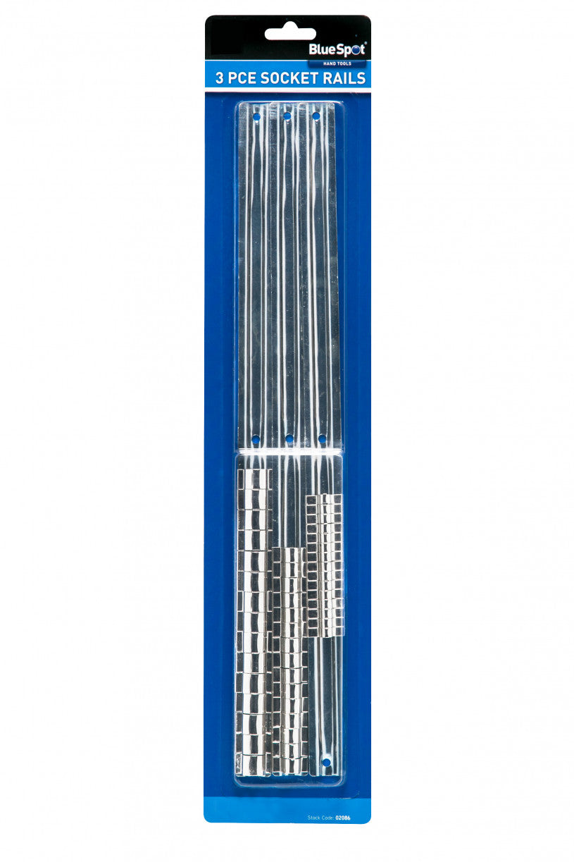 3 PCE Steel 1/4", 3/8" & 1/2" Socket Storage Rails, High Shine Finish