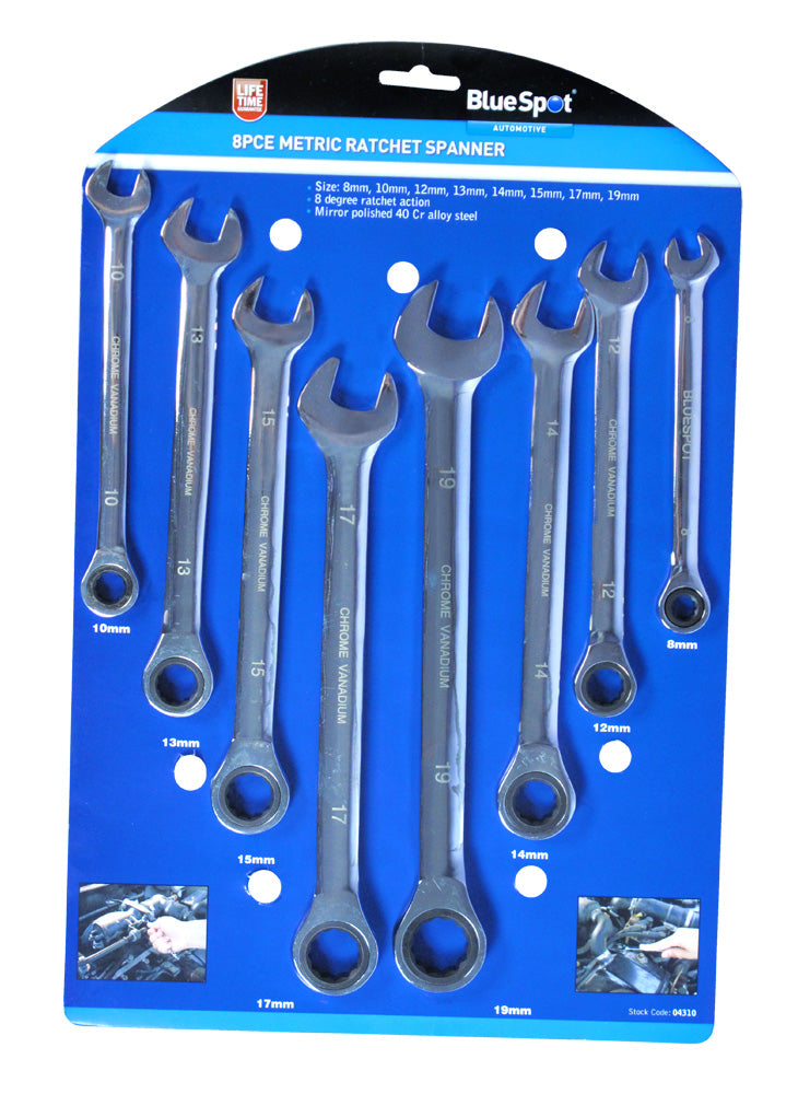 8 PCE Chrome Polished Metric 8-19mm Ratchet Spanner