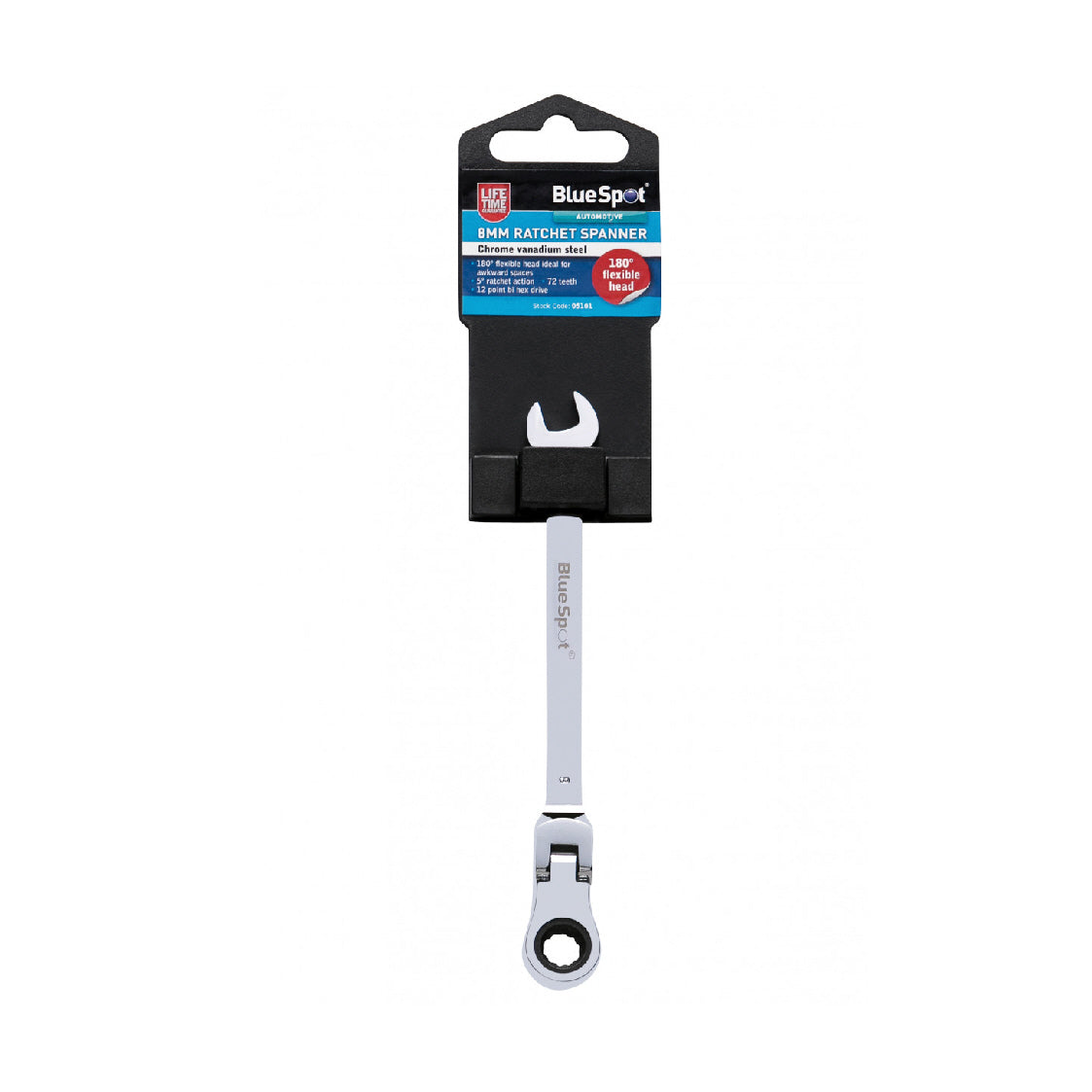 Chrome 8mm Bi Hex Flexbile Head Ratchet Spanner, 180° Pivoting Ratchet Ring Head