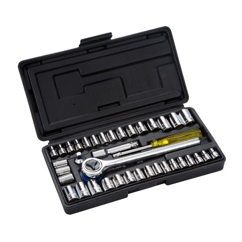 40 PCE Chrome 1/4" & 3/8" Socket Set with Sturdy Case, Extension Bar & Spin Disc