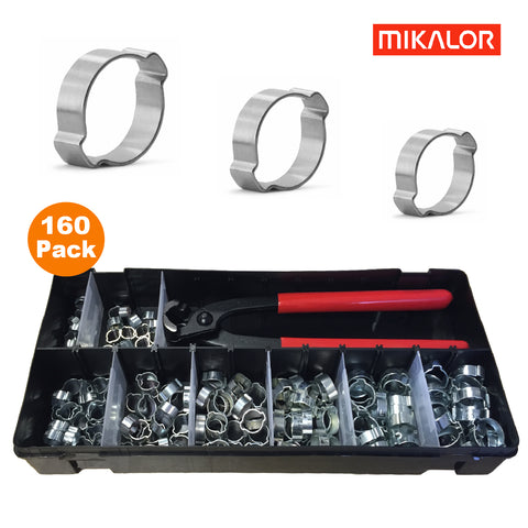 160 x Assorted Mikalor Double Ear O Clamps & Closing Pincers