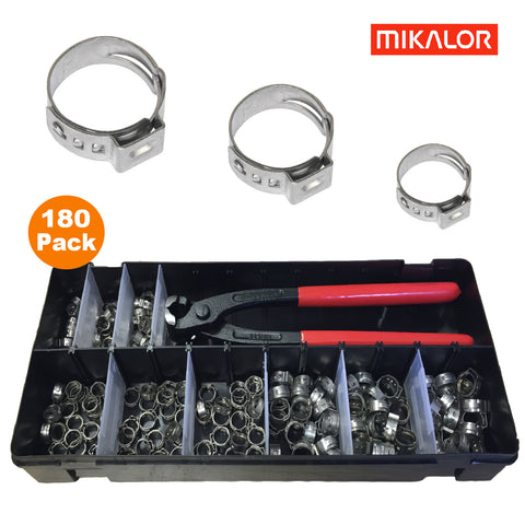 180 x Assorted Mikalor Stainless Steel Single Ear Plus Clamps & Pincers