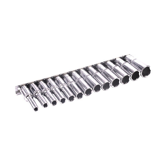 13 PCE Chrome 3/8" Metric Deep Socket Set 6-19mm, Includes Socket Rail