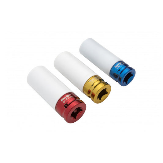 3 PCE 1/2" Alloy Wheel Colour Coded Nylon Sleeve Impact Sockets