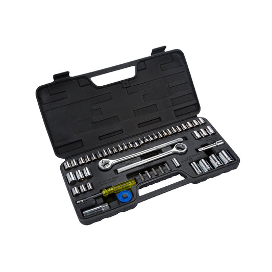 52 PCE 1/4" 3/8" & 1/2" Socket Set 4-13mm, Ratchet & Spinner Handles & Ext Bar