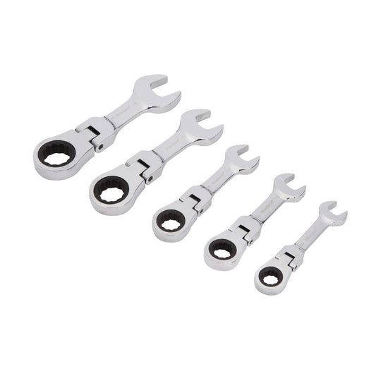 5 PCE Flexible Stubby Ratchet Spanner Set 10-19mm, Pivoting Ratchet