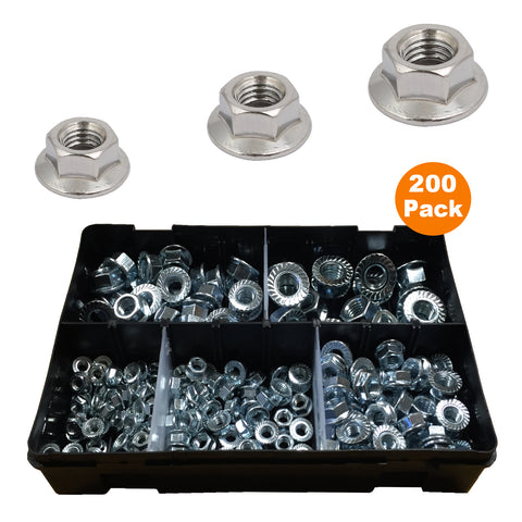 200 x Assorted Flanged Serrated Hex Nuts to Fit Metric Bolts