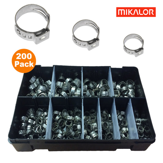 200 x Assorted Mikalor Single Ear Plus Stainless Steel Clamps