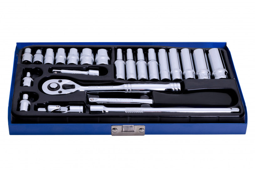 24 PCE Chrome 1/4" Deep & Shallow Socket Set 4-13mm Ratchet, Spinner & Ext Bar