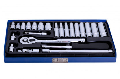 24 PCE Chrome 1/4" Deep & Shallow Socket Set 4-13mm Ratchet, Spinner & Ext Bar