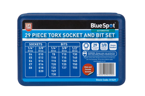 29 PCE Chrome Torx Socket & Bit Set Includes Sturdy Plastic (T10-T55) (E4-E20)