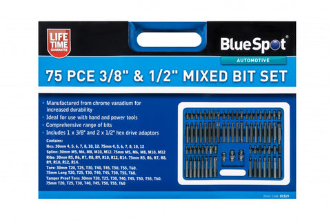 75 PCE Mixed Hex, Ribe, Spline, Torx/TP Torx 3/8" & 1/2" Bit Set Including Case