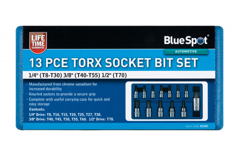 Chrome 13 PCE Torx Socket & Bit Set T8-T60, Including Plastic Case