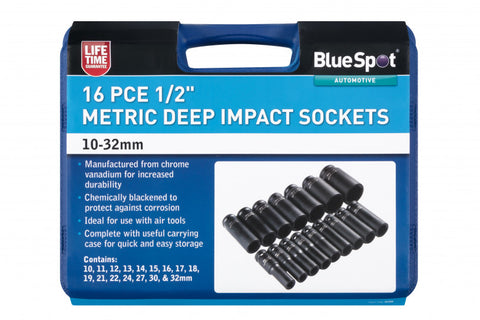 16 PCE 1/2" Deep Impact Sockets 10-32mm, Including Carrying Case