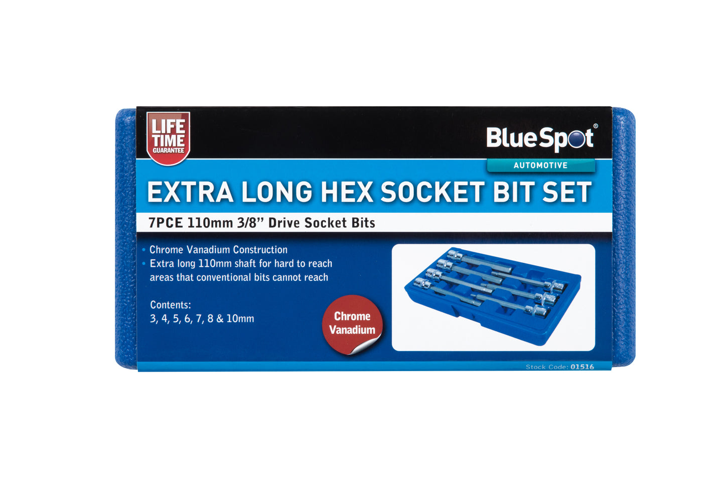 7 PCE Chrome 3/8" Extra Long Hex Socket Bit Set H3-H10, Includes Plastic Case