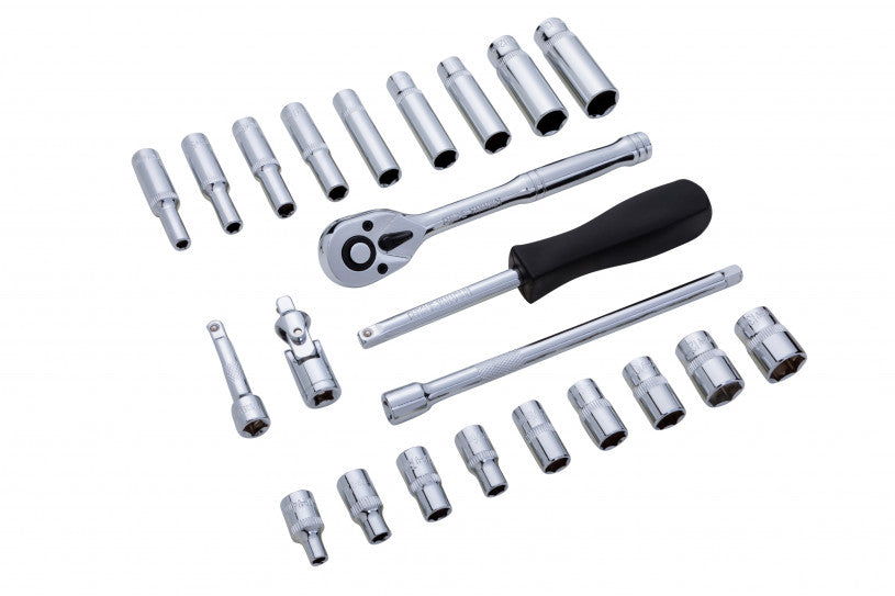 24 PCE Chrome 1/4" Deep & Shallow Socket Set 4-13mm Ratchet, Spinner & Ext Bar