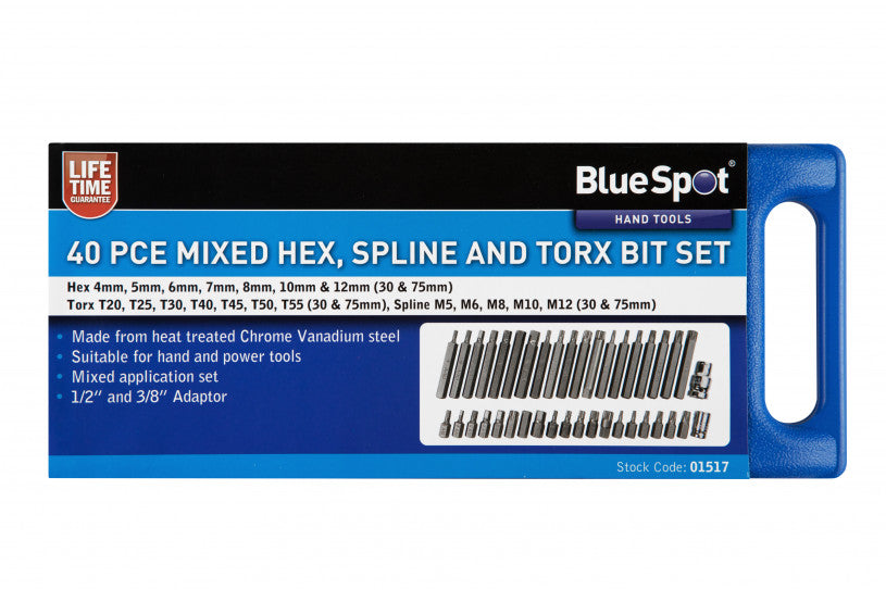 40 PCE Mixed Hex, Spline & Torx 1/2" & 3/8" Bit Set Including Plastic Case