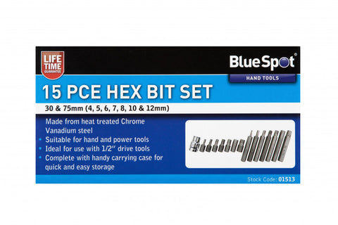 15 PCE 1/2" Drive Hex 30mm & 75mm Bit Set H4-H12, Including Plastic Case