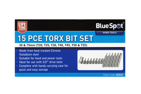 15 PCE 1/2" Drive Torx 30mm & 75mm Bit Set T20-T55, Including Plactic Case