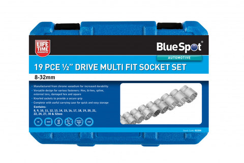 19 PCE Multi Fit 1/2" Drive Socket Set 8-32mm, Inc Hex, Bi-Hex, Spline, Torx