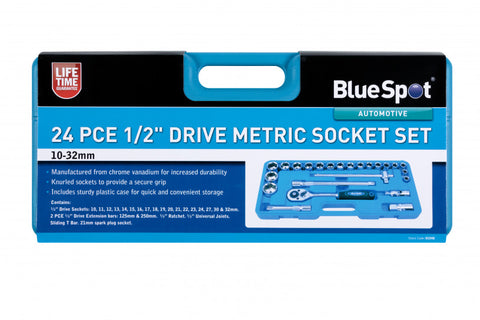 24 PCE Chrome 1/2" Drive Socket Set 10-32mm, Inc. Ratchet, Spinner, Ext Bar