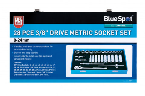28 PCE 3/8" Drive Socket Set 8-24mm, Includes Ext Bars & 72 Teeth Ratchet.
