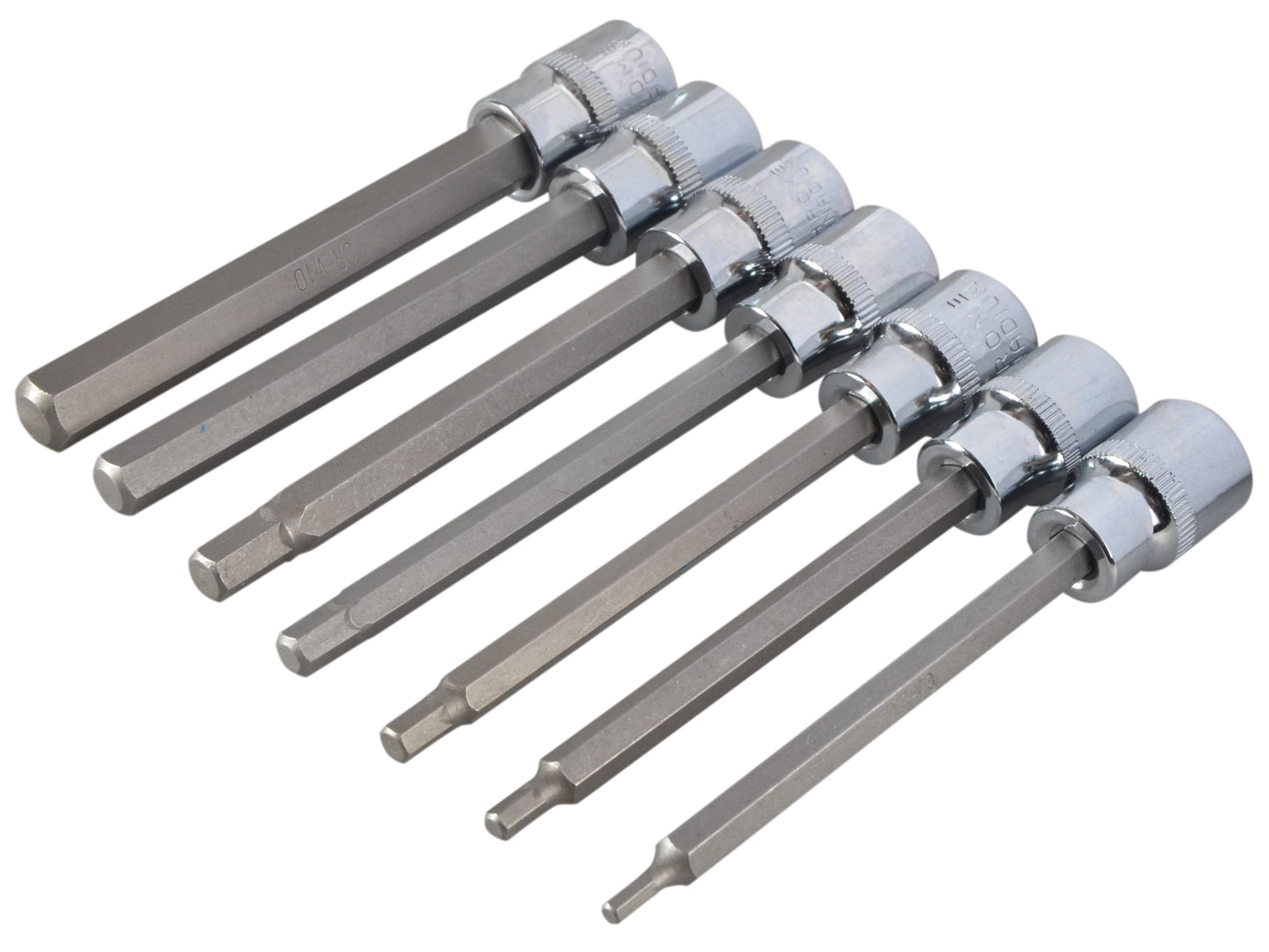 7 PCE Chrome 3/8" Extra Long Hex Socket Bit Set H3-H10, Includes Plastic Case