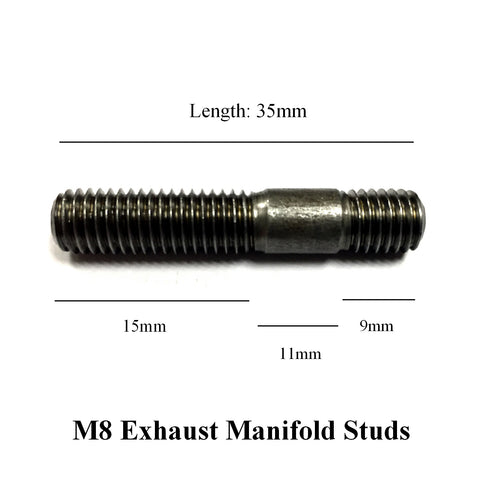 M8 x 1.25mm Pitch Manifold Studs. Length: 35mm. <br>15mm - 11mm -9mm