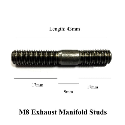 M8 x 1.25mm Pitch Manifold Studs. Length: 43mm. 17mm - 9mm - 17mm