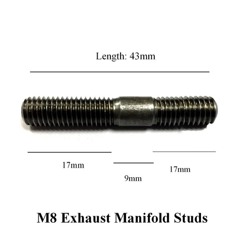 M8 x 1.25mm Pitch Manifold Studs. Length: 43mm. <br>17mm - 9mm - 17mm