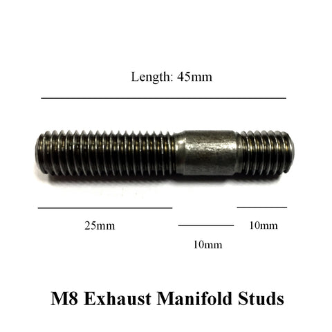 M8 x 1.25mm Pitch Manifold Studs. Length: 45mm. <br>25mm - 10mm - 10mm
