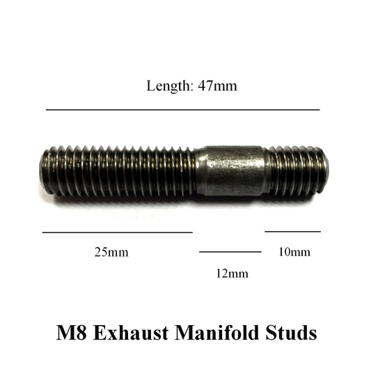 M8 x 1.25mm Pitch Manifold Studs. Length: 47mm. <br>25mm - 12mm - 10mm