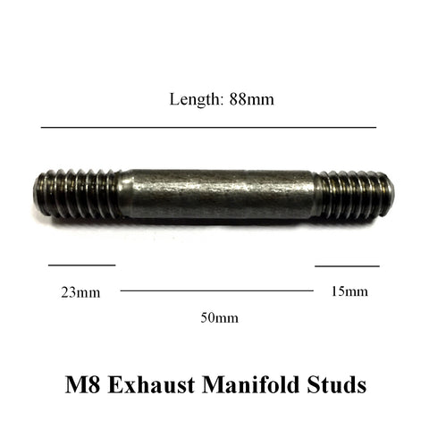 M8 x 1.25mm Pitch Manifold Studs. Length: 88mm. <br>23mm - 50mm - 15mm
