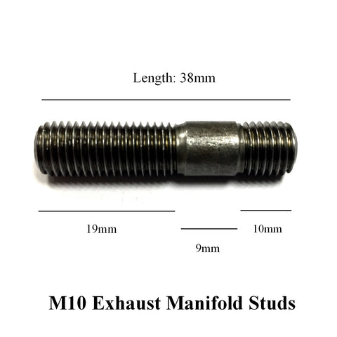 M10 x 1.25mm Pitch Manifold Studs. Length: 38mm. <br>19mm - 9mm - 10mm